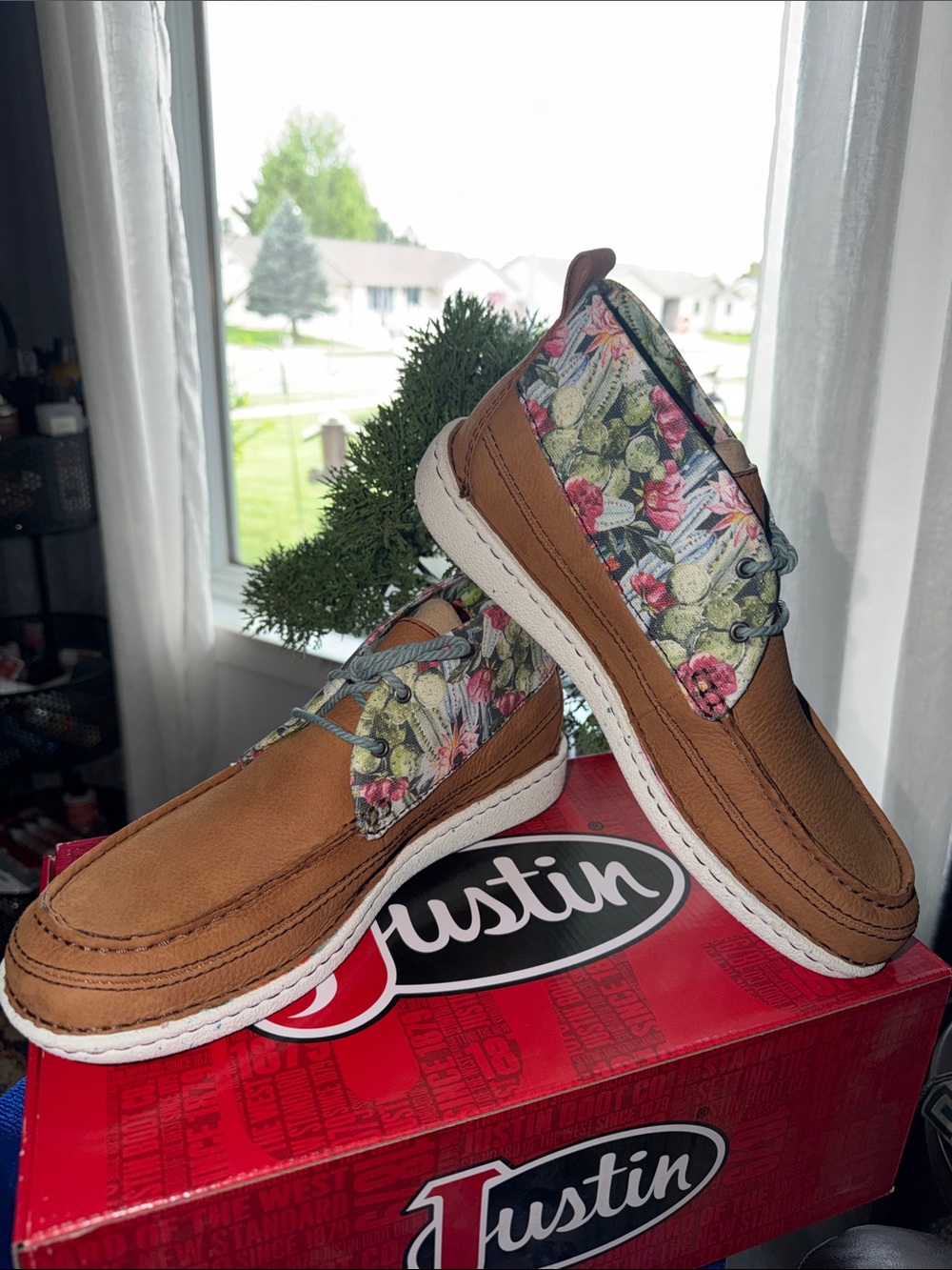 Justin Boots Tan Leather Moccasin Sneakers with Floral Panels